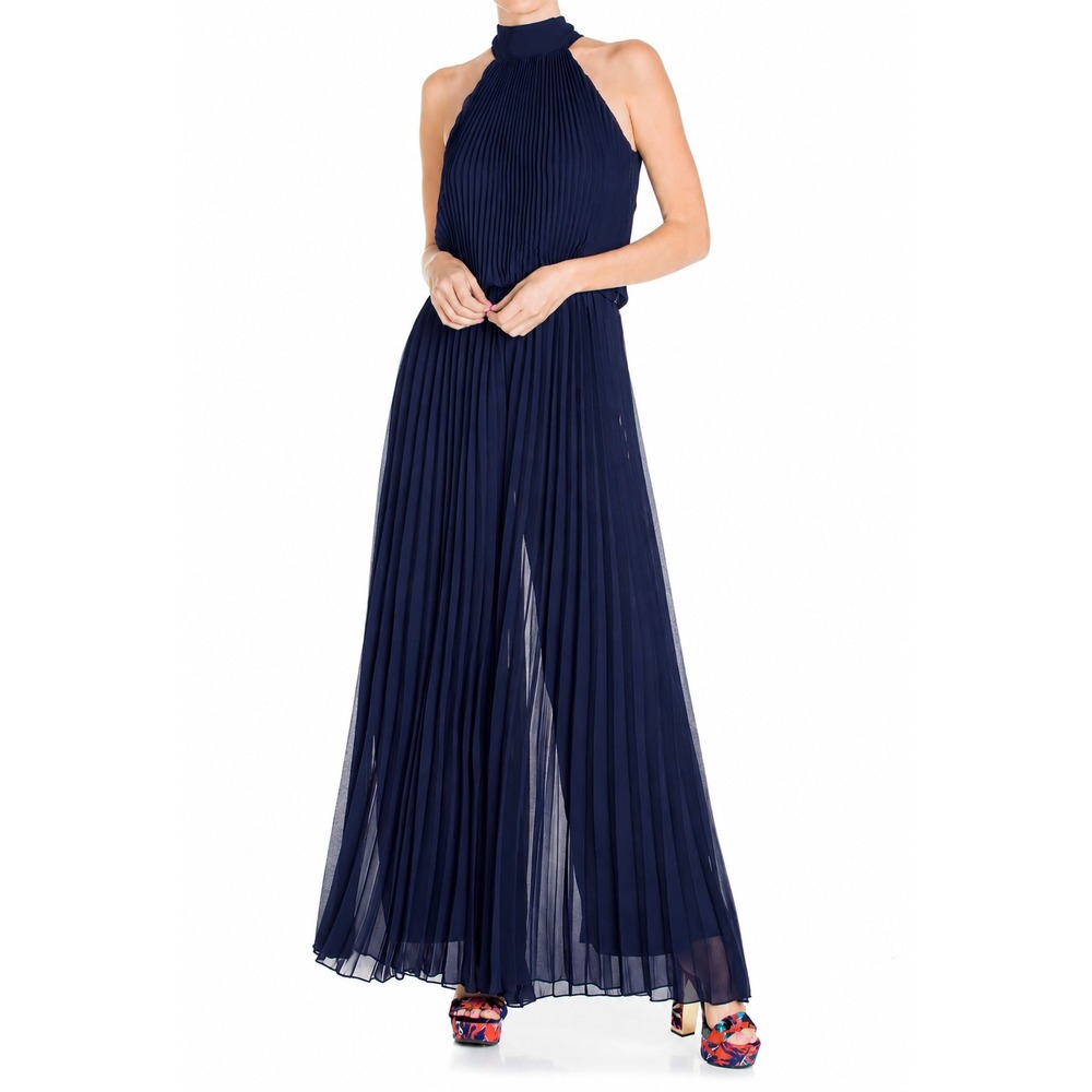 Meghan LA Wild Orchid Pleated Wide Leg Halter Jumpsuit Navy Tie Back Size XL